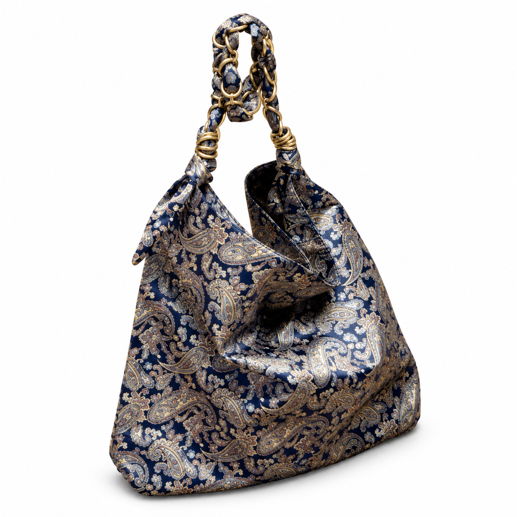 YSL Saint Laurent Squchy Hobo Bag in Navy Paisley Brocade