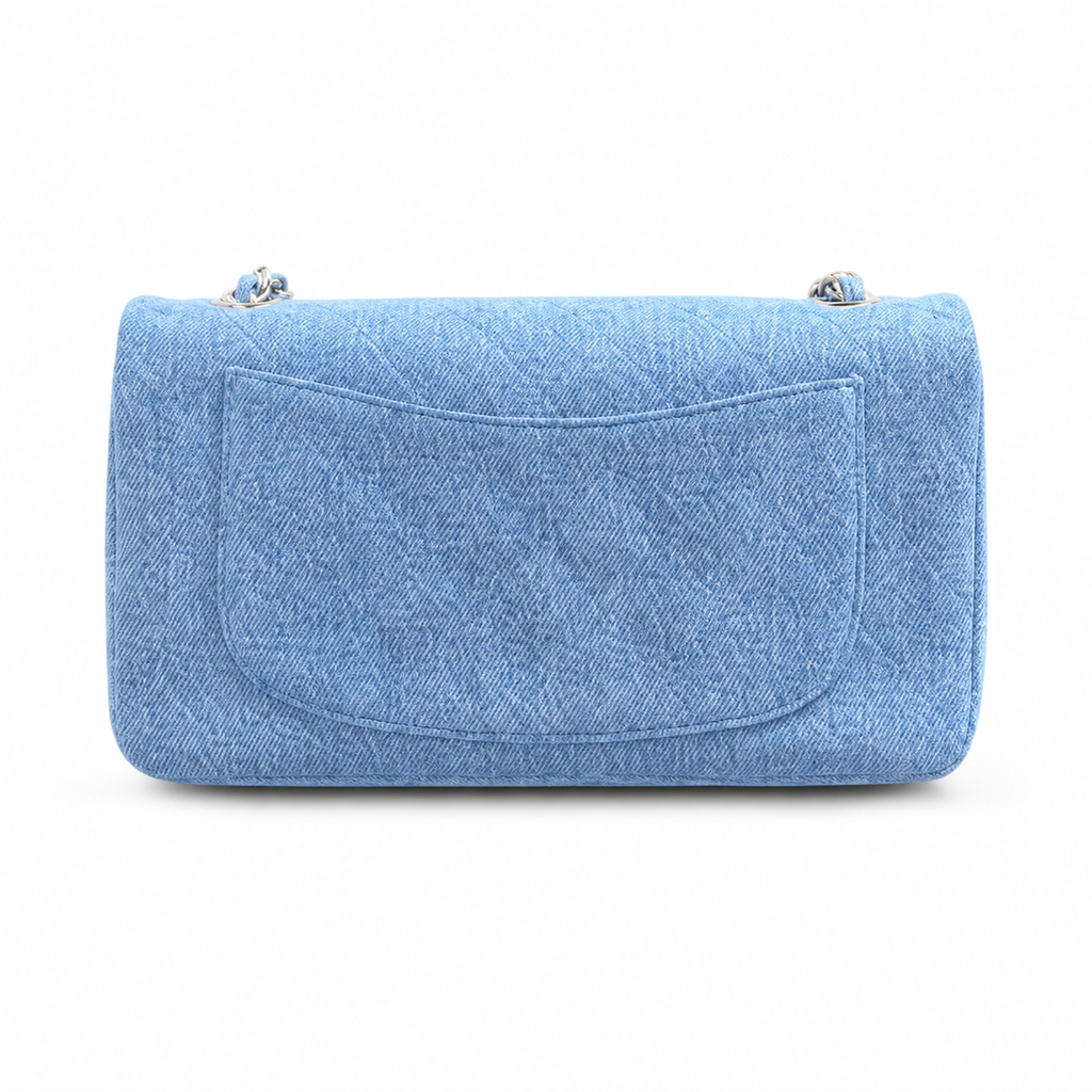 Chanel Classic Double Flap Bag Light Blue Quilted Denim | Gold Chain & Burgundy Zip Accents — 32cm