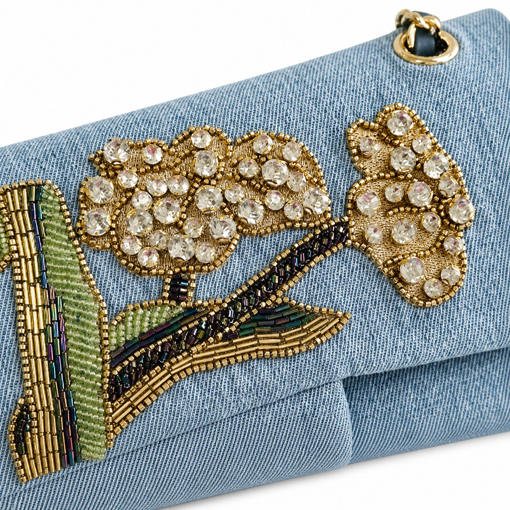 Chanel Light Blue Denim Mini Flap | Hand-Embroidered Crystal Flowers & Gold CC — 25.5cm