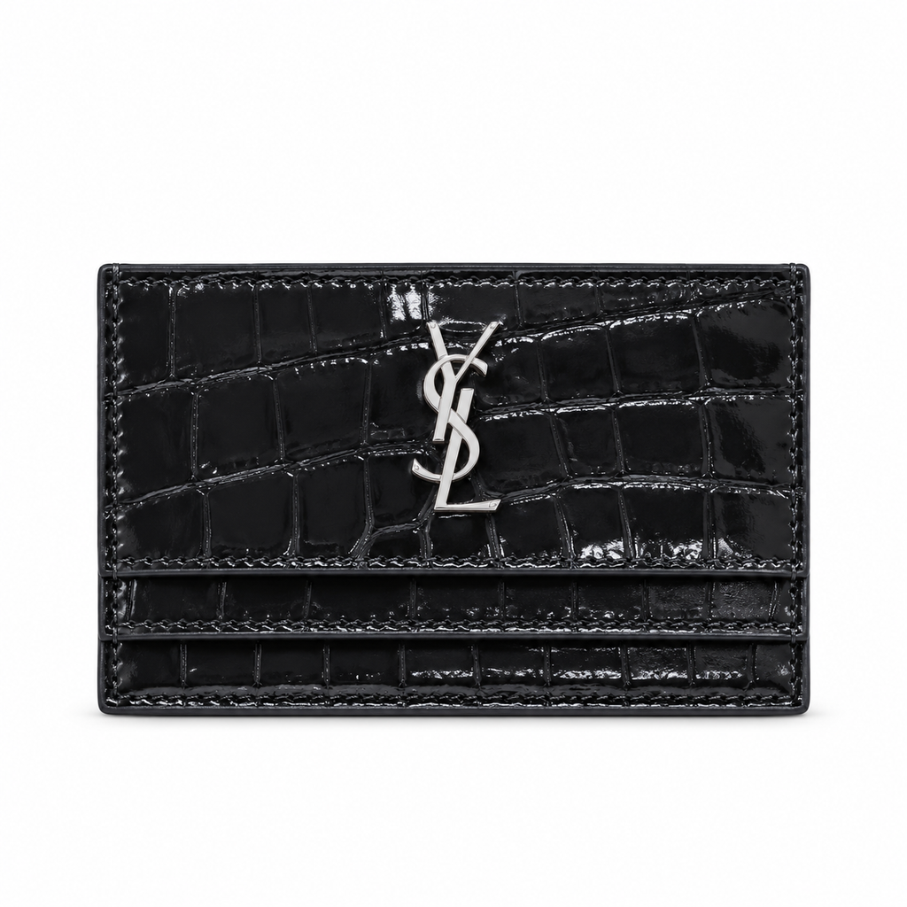 YSL Cassandre Card Holder Black Croc Embossed Patent Leather Silver Logo Saint Laurent