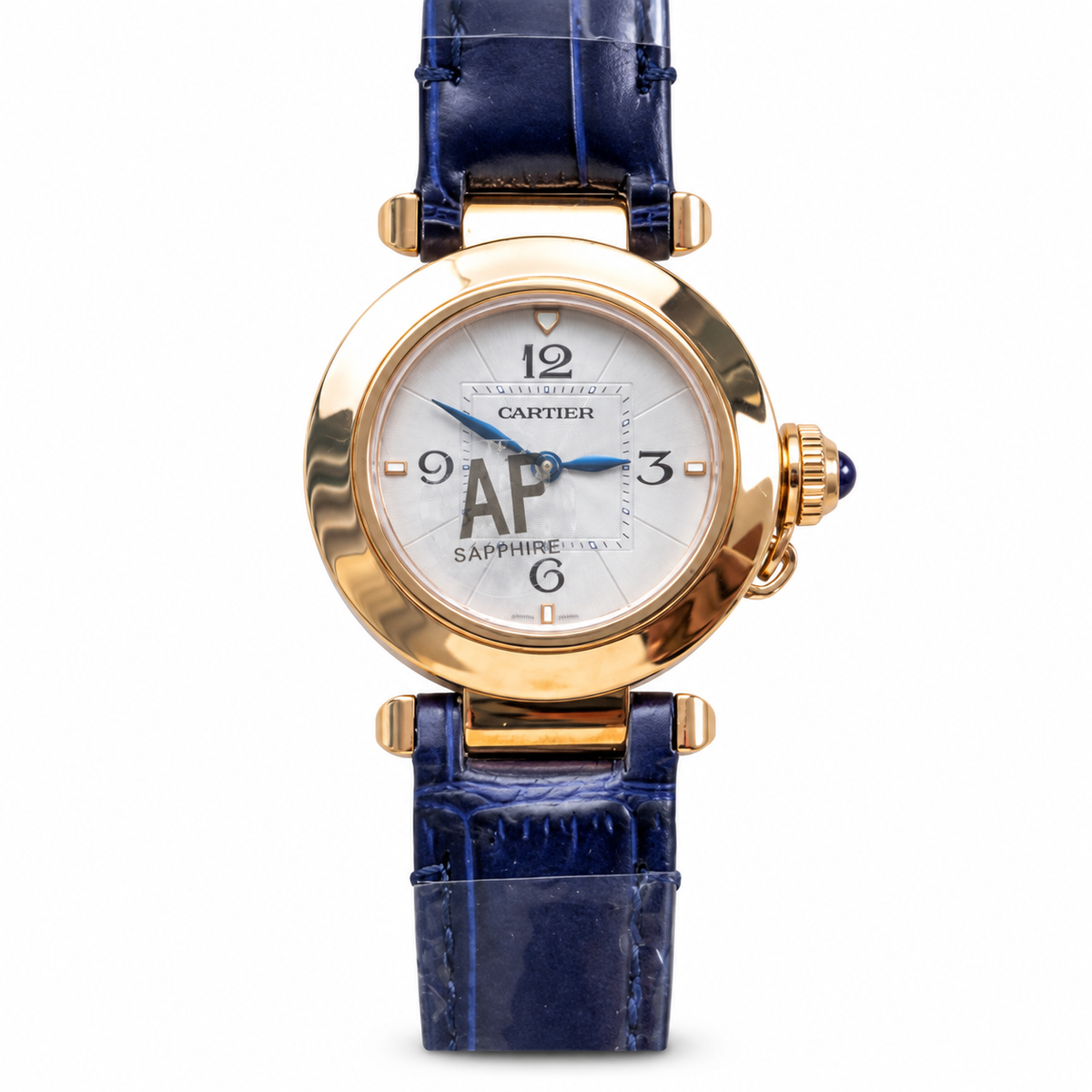 Cartier Pasha de Cartier 18K Yellow Gold Mother of Pearl Arabic Dial Blue Alligator Strap Watch