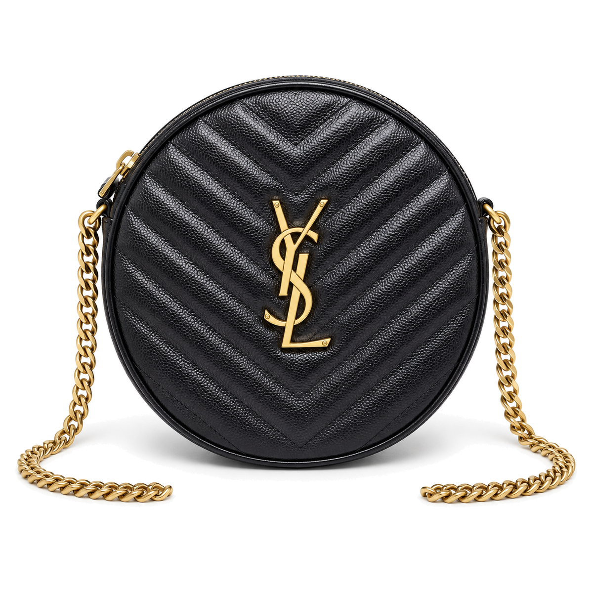 YSL Saint Laurent Vinyle Round Chain Bag in Black Matelassé Leather