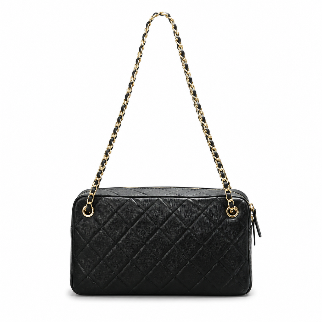 Chanel Black Lambskin Quilted Camera Bag | CC Turn-Lock Lid, Top Zip & Leather-Woven Chain