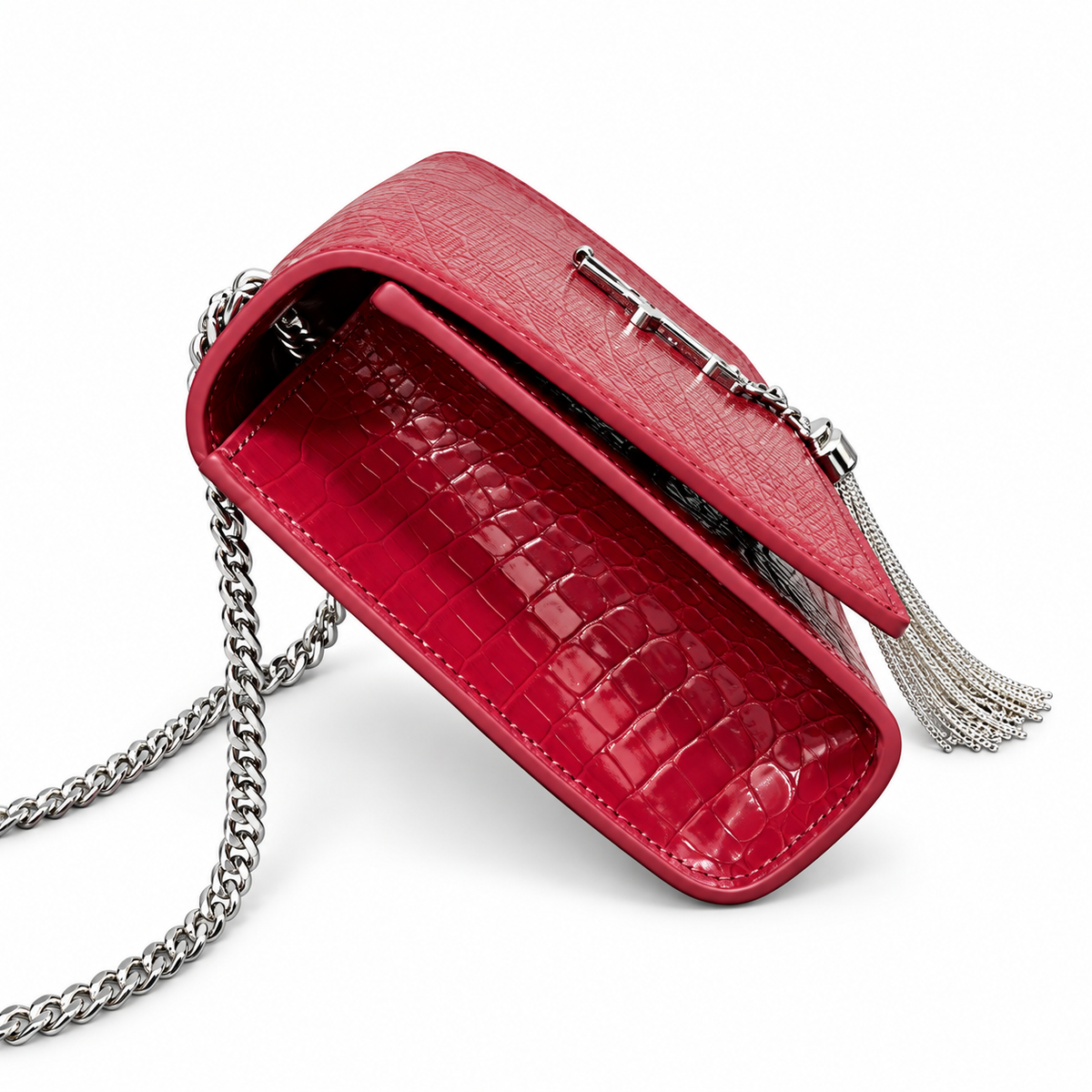 YSL Kate Tassel Croc-Embossed Leather Shoulder Bag Red