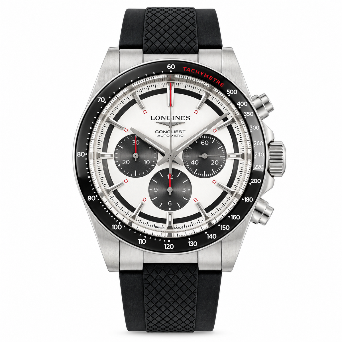 Longines Conquest Automatic Chronograph White Dial Red Accents