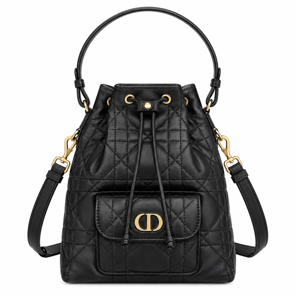 Dior Caro Bucket Bag in Black Cannage Leather with Gold CD Clasp