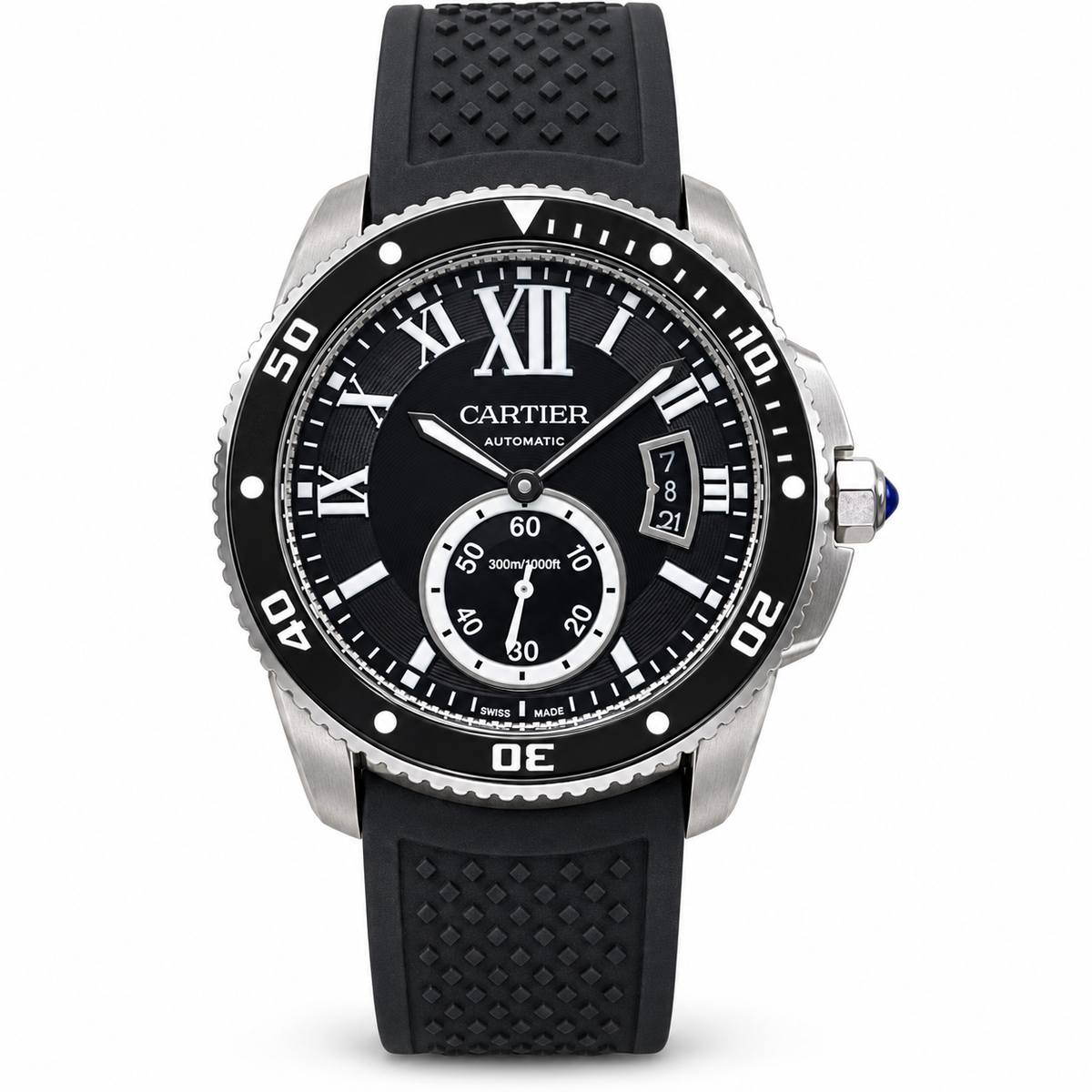 Cartier Calibre de Cartier Diver Stainless Steel Black Ceramic Unidirectional Bezel Black Dial Small Seconds Date Automatic Black Rubber Strap Watch 300m