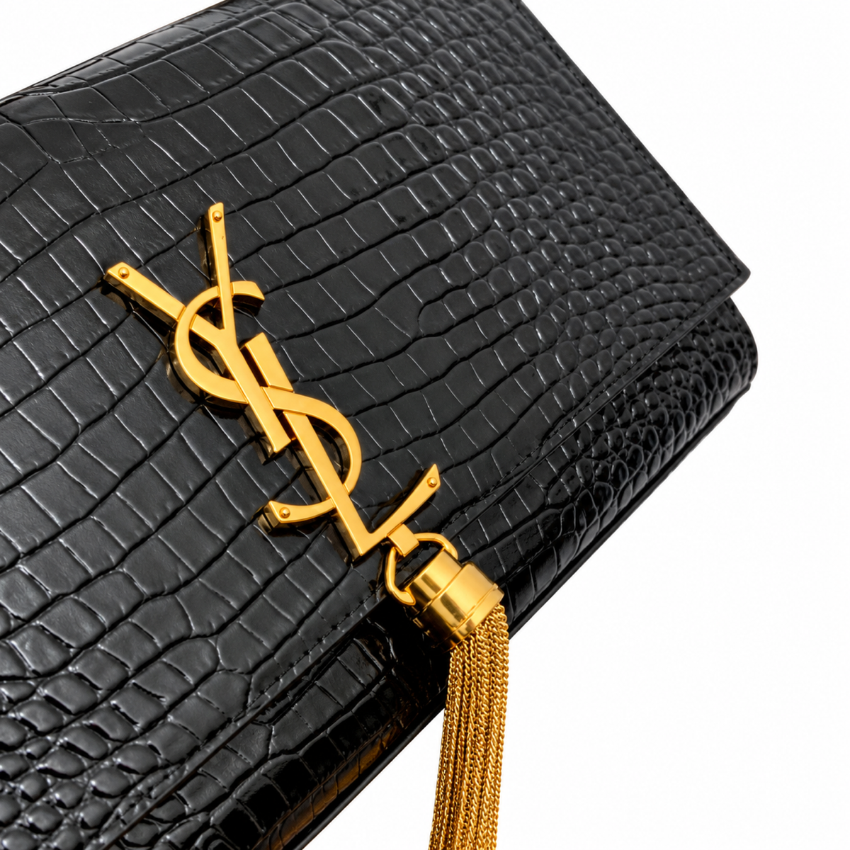 YSL Saint Laurent Kate Chain Bag in Black Croc-Embossed Leather with Tassel