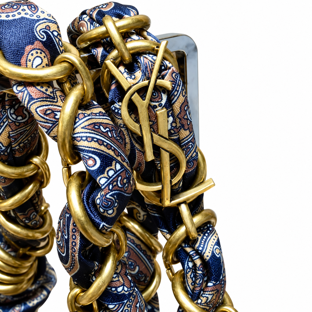 YSL Saint Laurent Squchy Hobo Bag in Navy Paisley Brocade