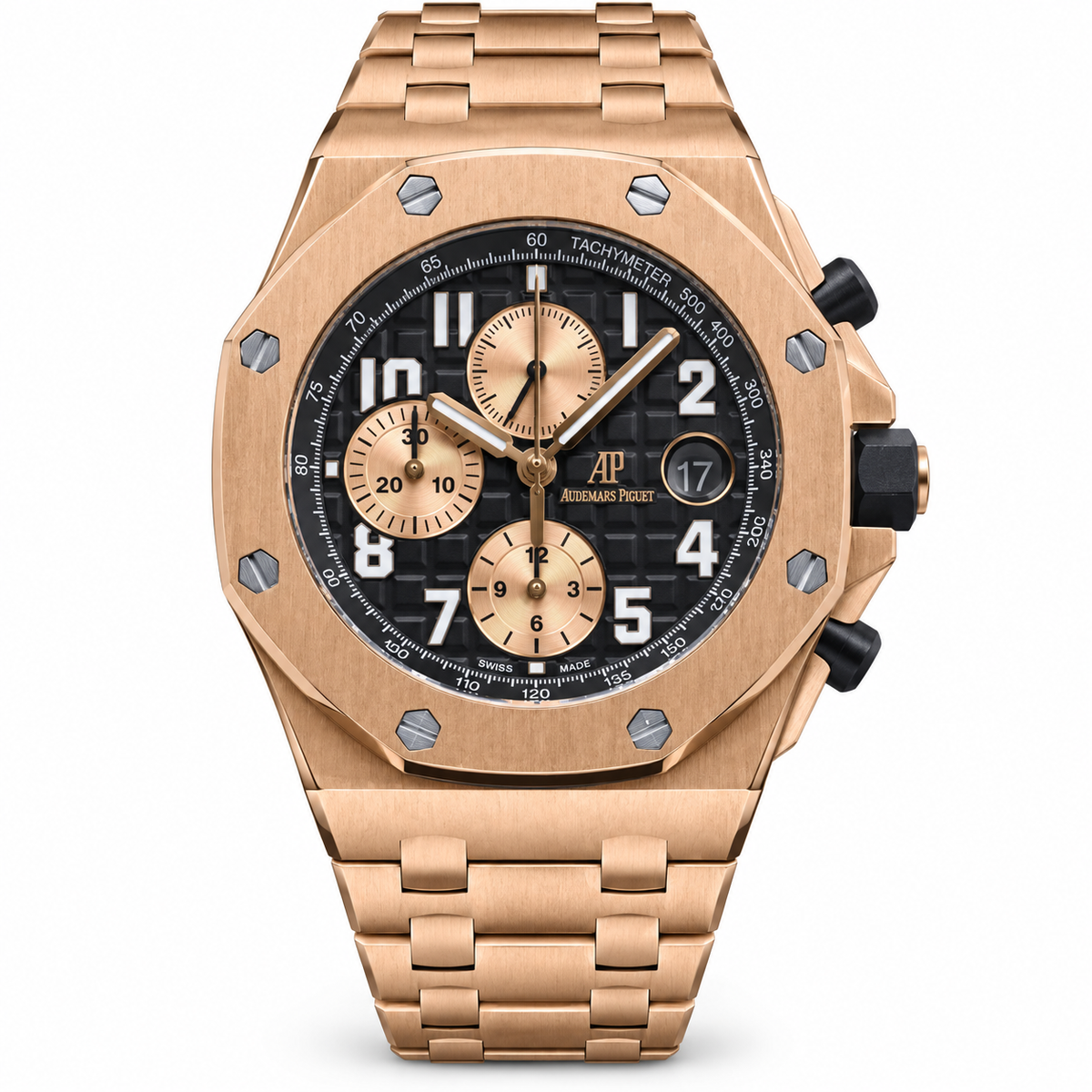 Audemars Piguet Royal Oak Offshore Chronograph 18k Rose Gold Black Grande Tapisserie Dial Rose Gold Bracelet