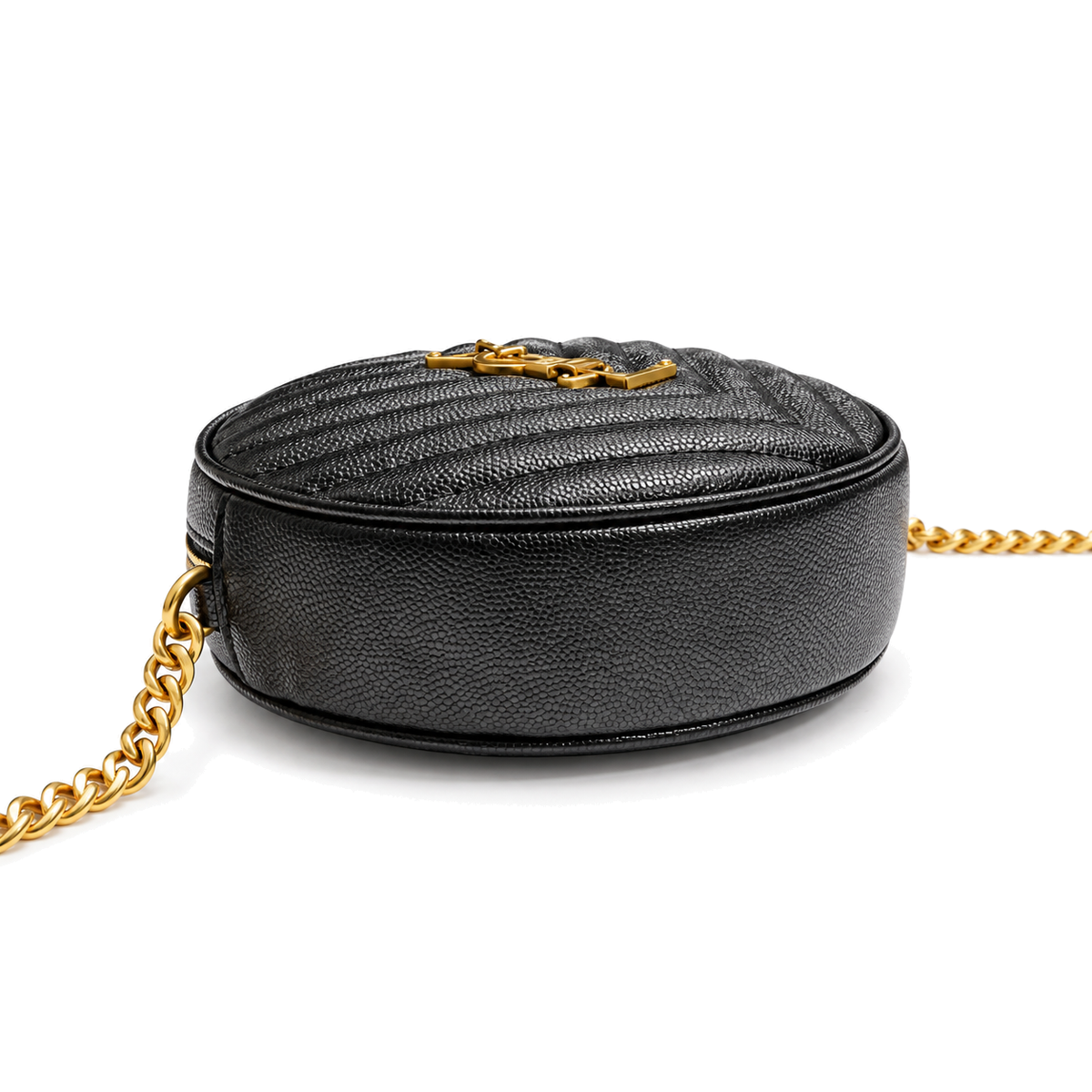YSL Saint Laurent Vinyle Round Chain Bag in Black Matelassé Leather